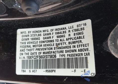 2016 Honda Civic Lx from USA, damaged, VIN 19XFC2F56GE075836